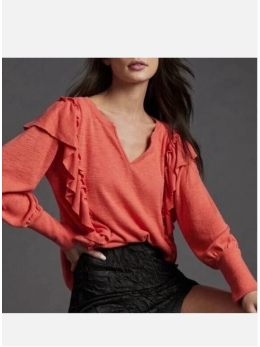 Women's Pilcro Cozy Popover Ruffle Long Sleeve Blouse Coral Size M